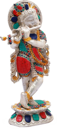 Shri Krishna brass figurine, white face with raised hand and jeweled blue/red garments