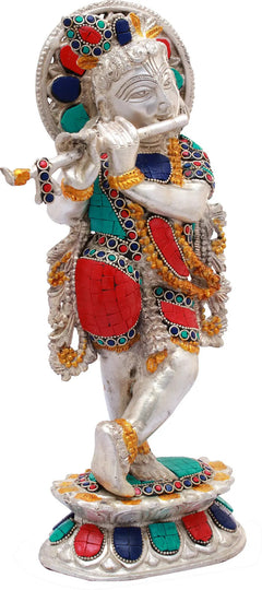 Shri Krishna brass figurine, white face with raised hand and jeweled blue/red garments