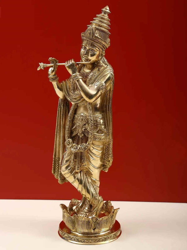 Brass statue of Lord Krishna playing flute on a lotus pedestal 17 inches Entryway Setting