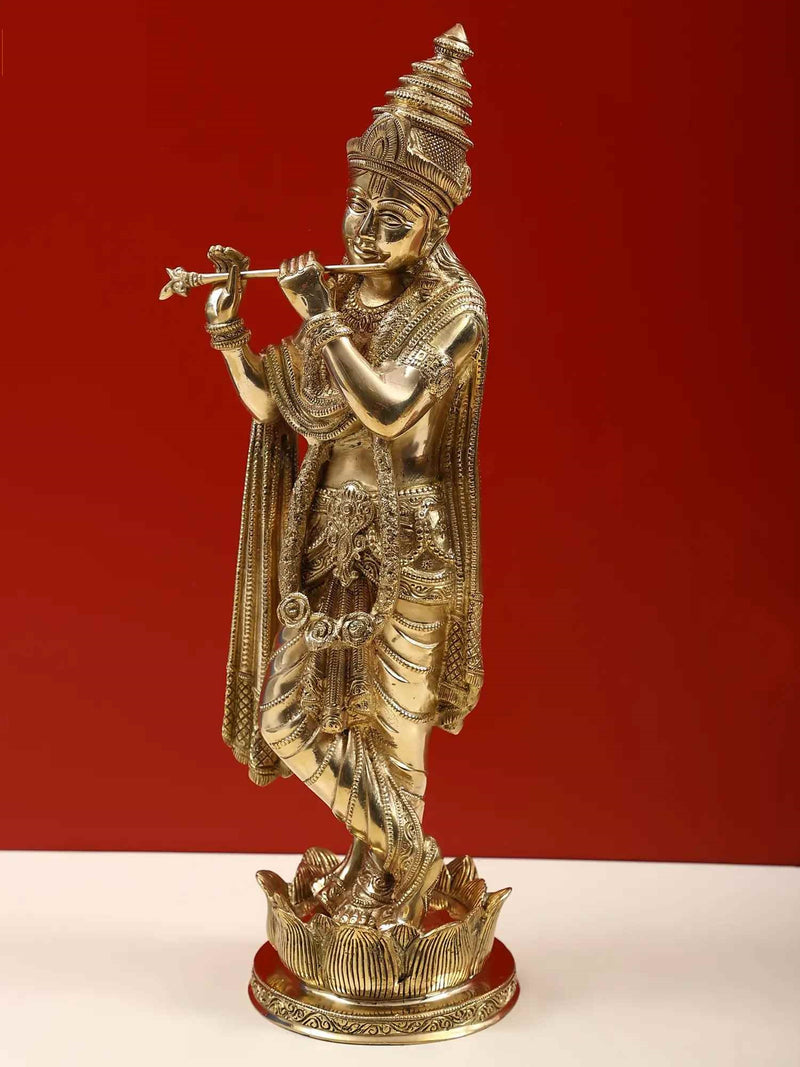 Brass statue of Lord Krishna playing flute on a lotus pedestal 17 inches