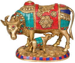 Brass Statue of Cow and Calf - India's Most Sacred Animal 8 inches