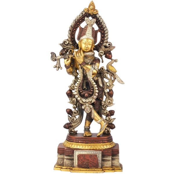 Handmade Brown Silver  Brass Statue of Peetambara Lord Krishna 13 inches