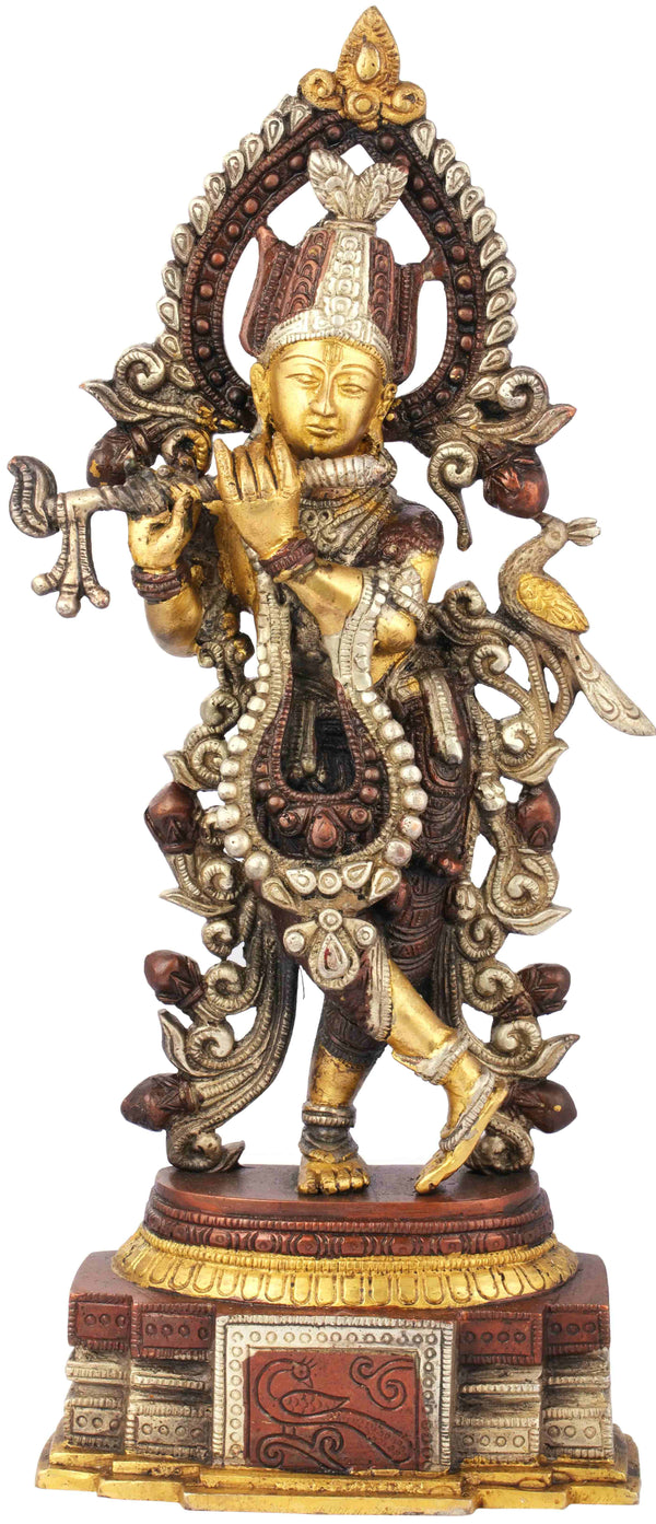 Handmade Brown Silver  Brass Statue of Peetambara Lord Krishna 13 inches