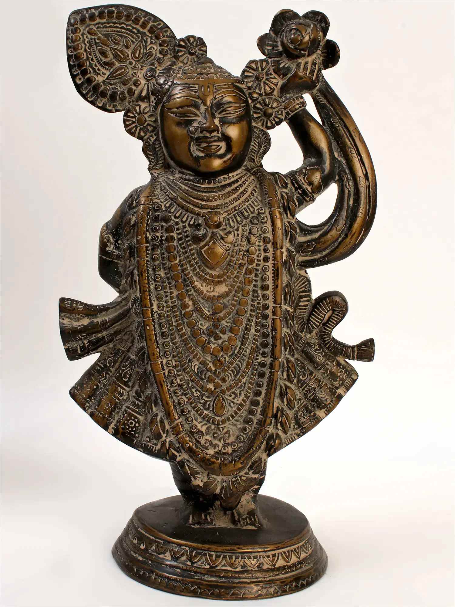 Fine Quality Handmade Patina Brass Statue of Shri Krishna as Shrinath Ji 13 Inches