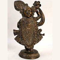 Antique brass Shri Krishna as Shrinathji statue, ornate jewelry, raised arm