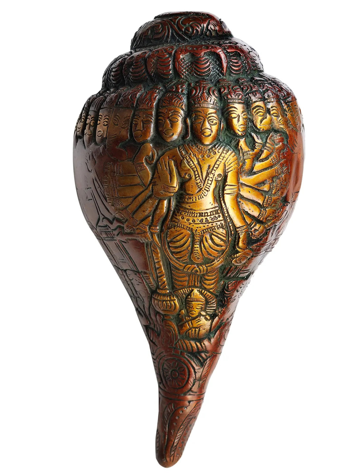 Brass Vishvarupa Vishnu figurine with conch, 9 inches, detailed faces and hands