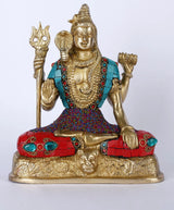 AONA handmade brass Shiva statue with Ashirwad mudra, blue ornaments and red seat, 8 in