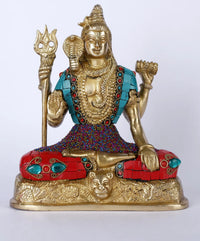 AONA handmade brass Shiva statue with Ashirwad mudra, blue ornaments and red seat, 8 in
