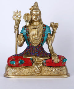 AONA handmade brass Shiva statue with Ashirwad mudra, blue ornaments and red seat, 8 in