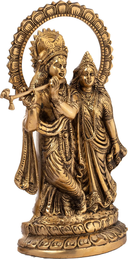 Natural Brass Radha-Krishna Idol with Lotus-studded Aureole 13 Inches