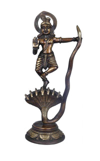 Antique brass Krishna statue of Kaliya Vijaya Lila, standing on cobra base