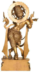 Natural Brass Venugopala statue with ornate halo, arms raised, khadau sandals