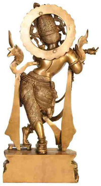Natural Brass Venugopala statue with ornate halo, arms raised, khadau sandals