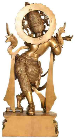 Natural Brass Venugopala statue with ornate halo, arms raised, khadau sandals