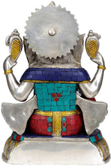 Brass Ganesh idol 11 in with multicolor inlay, rear view with crown and seated torso