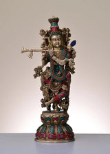Handmade brass Krishna statue, 18 in, detailed crown, flute and colorful accents