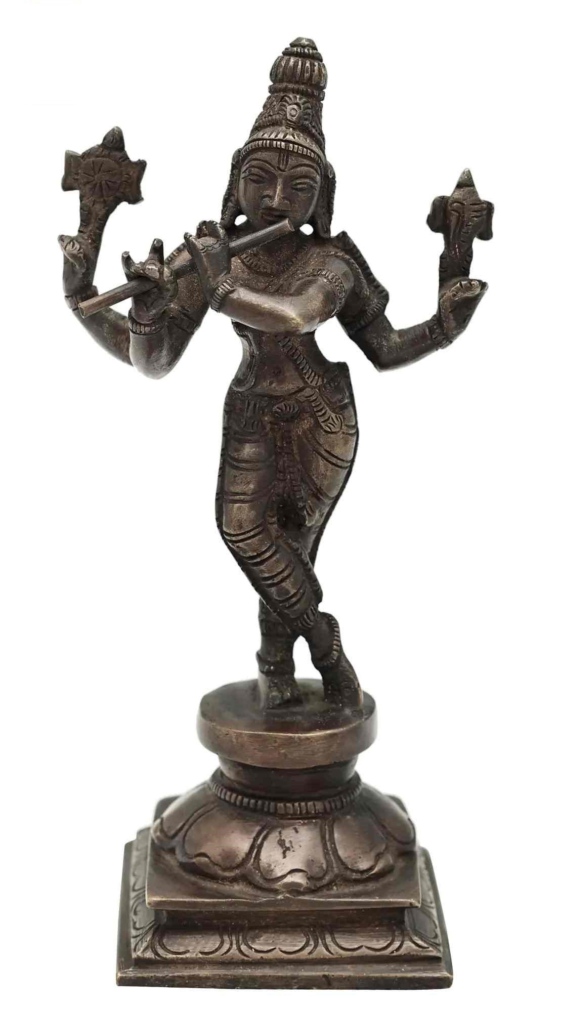 Antique brass Lord Murli Krishna statue, flute raised hands, 7.2 in