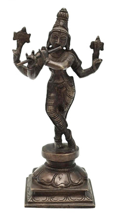 Antique brass Lord Murli Krishna statue, flute raised hands, 7.2 in