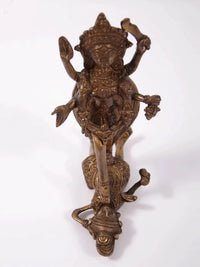 Goddess Kali brass idol, 6 inch, side view on carved base, detailed jewelry and hands