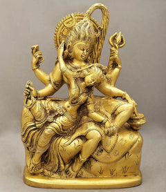 Gold brass Shiva-Parvati statue, seated with multiple arms and detailed ornamentation