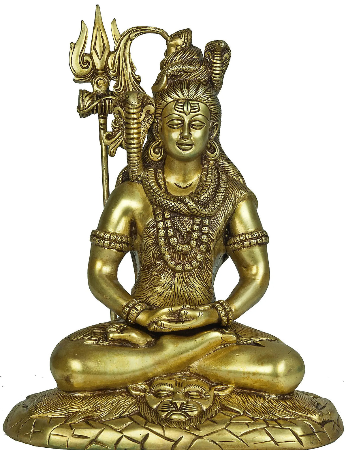 Brass Shiva idol seated with trident, tiger-skin patterned base
