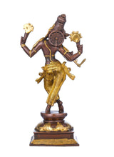 Handmade brass Krishna cosmic form statue, brown and gold, back view with ornate halo and weapons