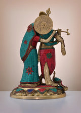 Brass Radha-Krishna statue, teal/red inlay, Krishna with discus, flute raised, 16-inch