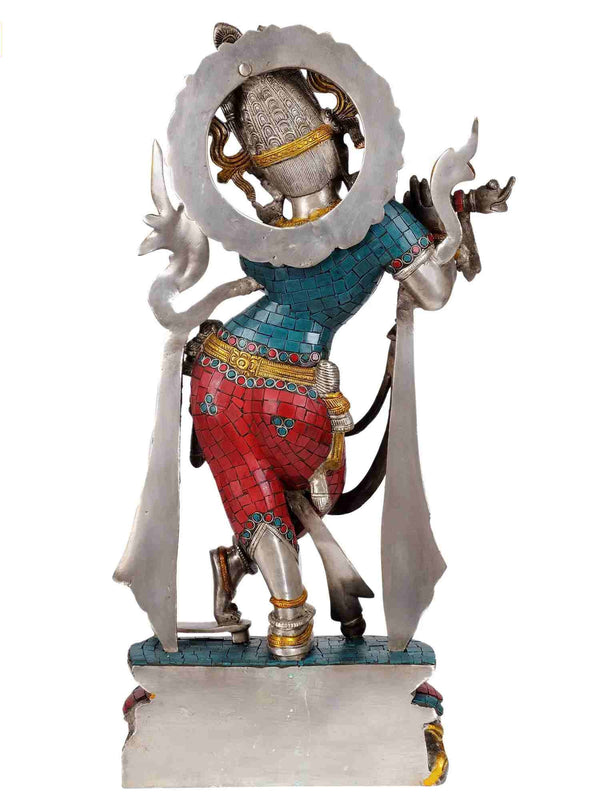 Brass Statue of Murali Krishna in a Silver Hue with Coral and Turquoise Inlay Work 23 inches