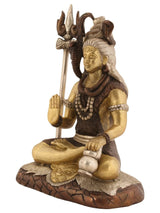 Lord Shiva brass figure seated in meditation with raised hand and trident base
