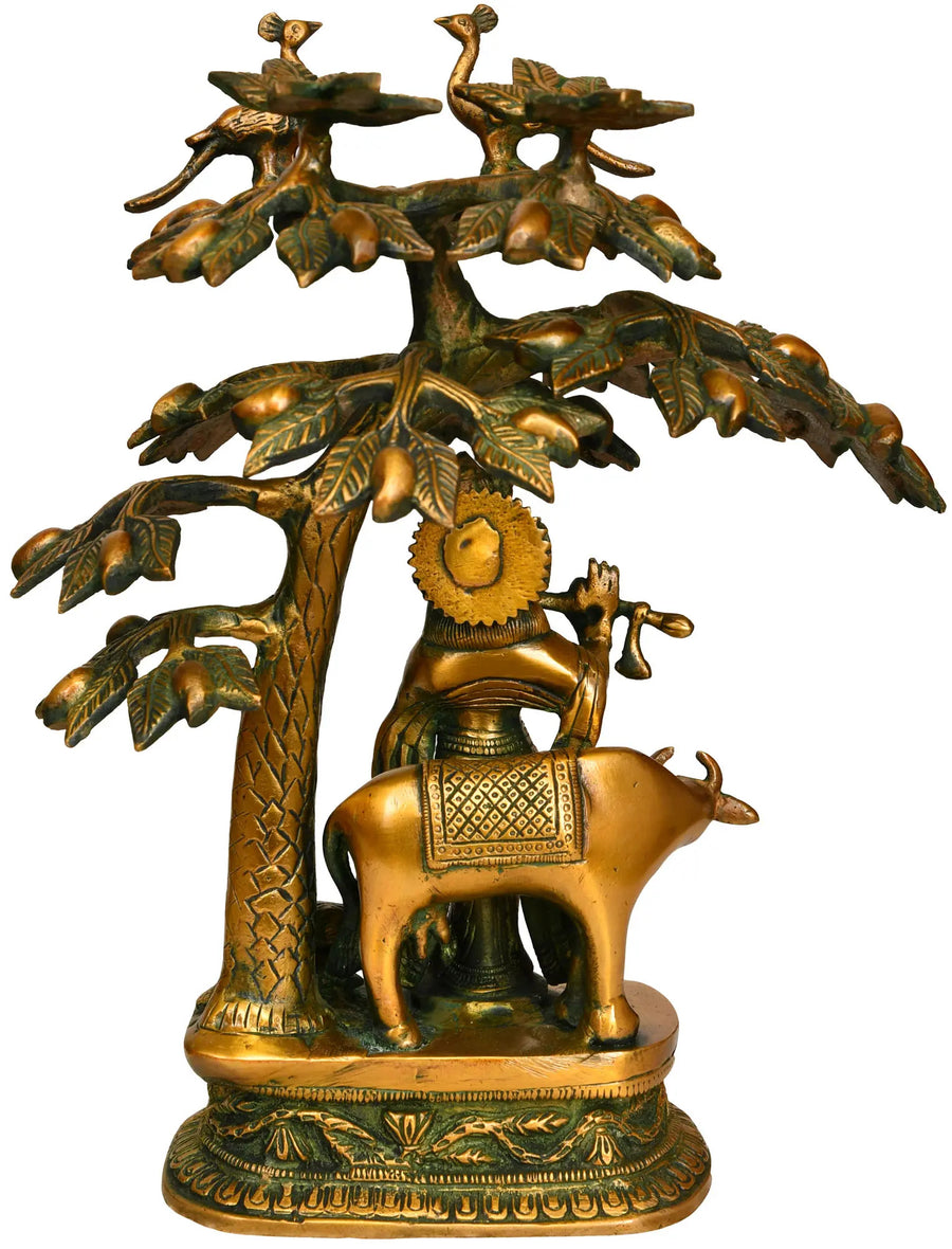 Brass Statue of Lord Krishna Playing the Flute Under a Mango Tree 12 Inches Craft Detail