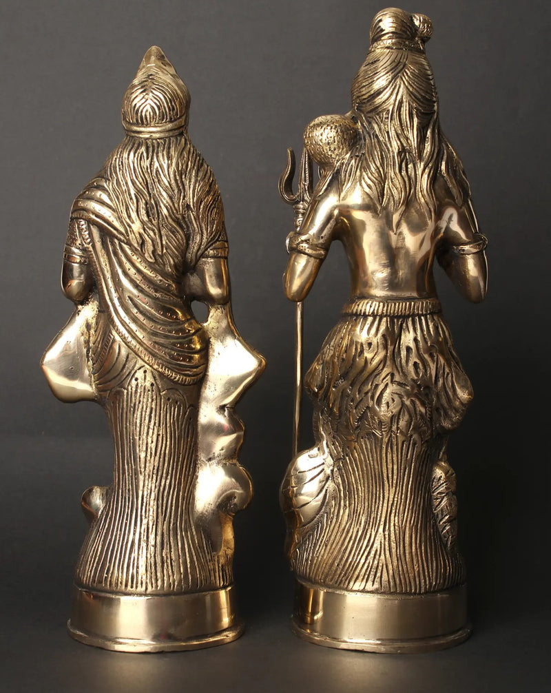 Standing Shiva Parvati Idol in Blessing Gesture | Set of Two Brass Statues 12 Inches