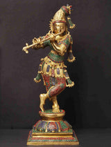 Brass Krishna statue playing flute with colorful inlay, jeweled attire, 24 in