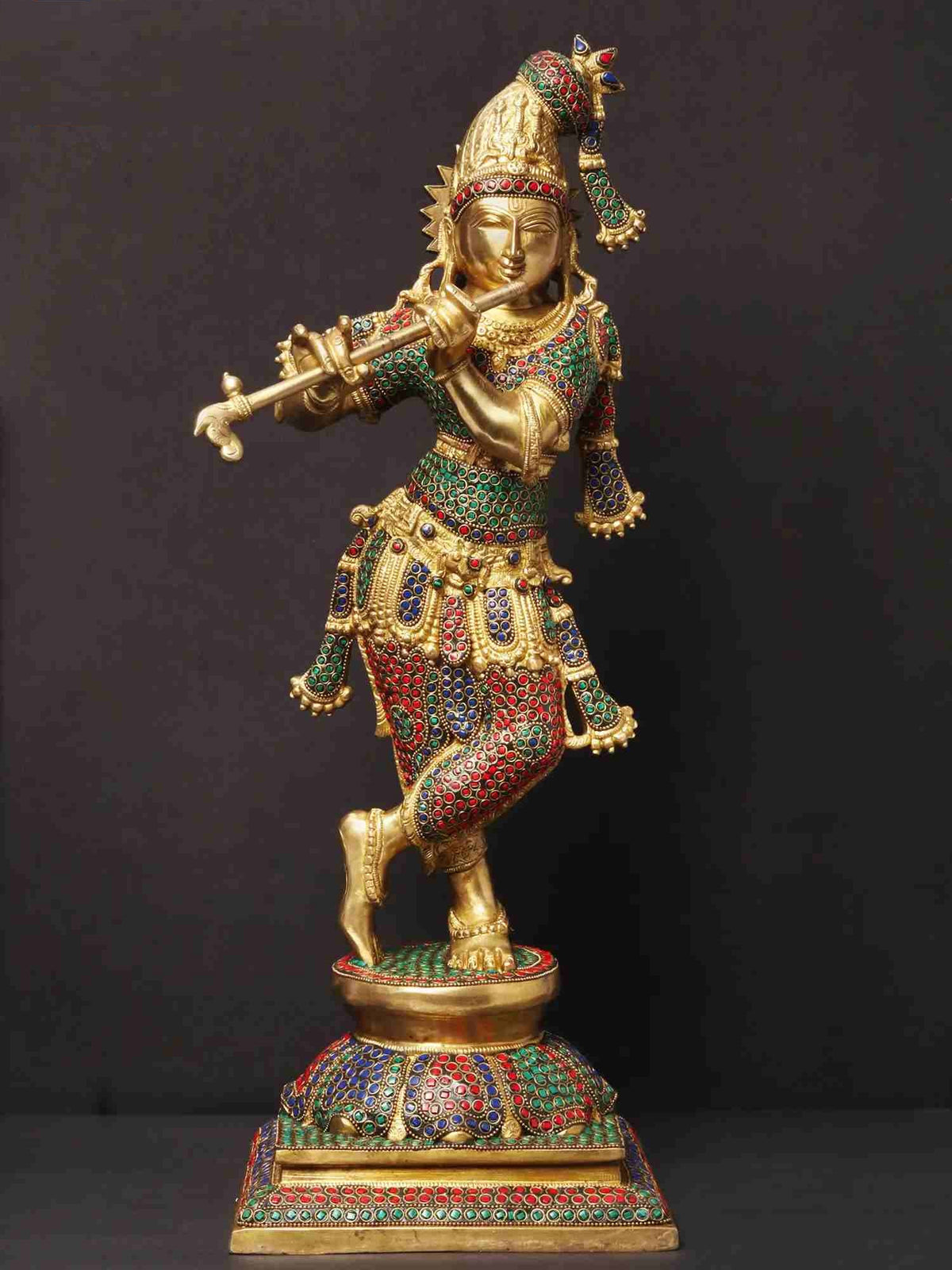 Brass Krishna statue playing flute with colorful inlay, jeweled attire, 24 in