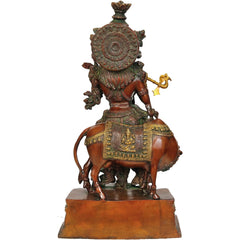 Handmade brass statue of Gopala Krishna, 22 inches, rear view on decorated horse mount