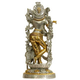 Silver-and-gold brass Venugopala statue with flute, side view, ornate halo