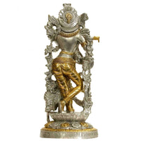 Silver-and-gold brass Venugopala statue with flute, side view, ornate halo