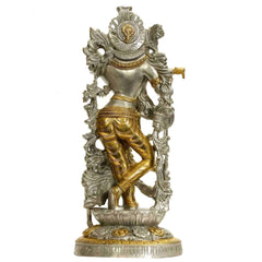 Silver-and-gold brass Venugopala statue with flute, side view, ornate halo