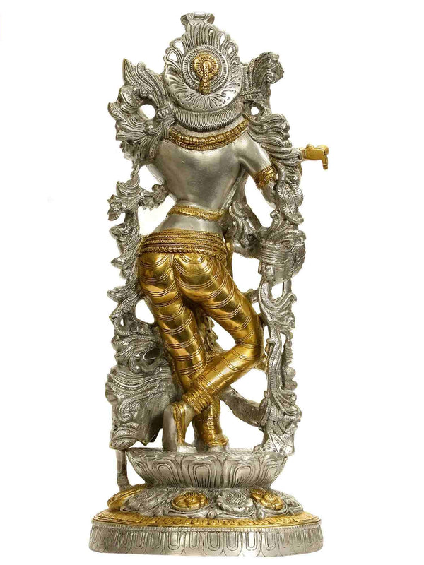 Brass Statue of Venugopala (Murali Krishna) in Silver and Golden Hues 17 inches