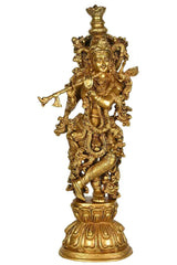 Handmade brass Krishna statue playing the flute, ornate crown and jewelry, 24 in