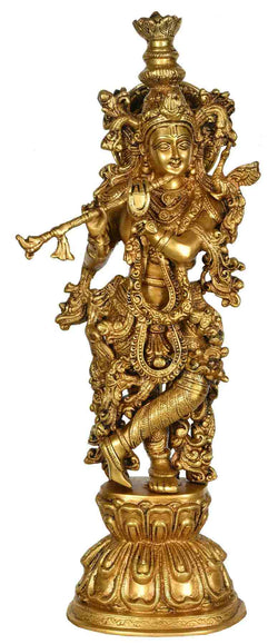 Handmade Brass Statue of Krishna Playing the Flute 24 inches