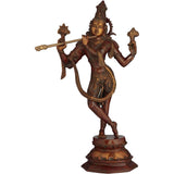 Handmade brass Krishna cosmic form statue, 18 in tall, standing with flute-like staff