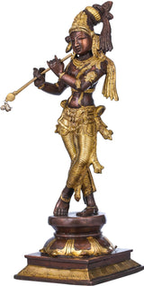 AONA standing Lord Krishna brass statue with raised flute and jeweled details, 14 in