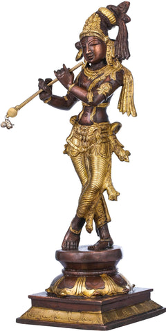 AONA standing Lord Krishna brass statue with raised flute and jeweled details, 14 in