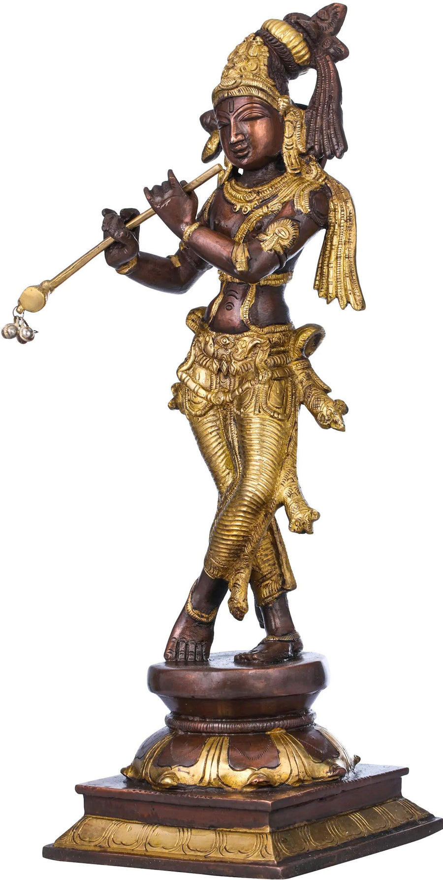 Brown Gold Brass Statue of Standing Lord Krishna Playing the Flute 14 inches Craft Detail