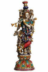 Brass statue of Lord Krishna playing flute, ornate blue and red attire, 24 inches