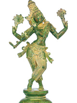 Green brass Krishna cosmic form statue with raised arms and flute, 14 in