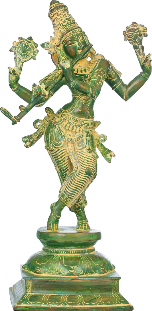 Handmade Green Chala Brass Statue Depicting Lord Krishna's Cosmic Form, the Eighth Incarnation of Vishnu 14 inches