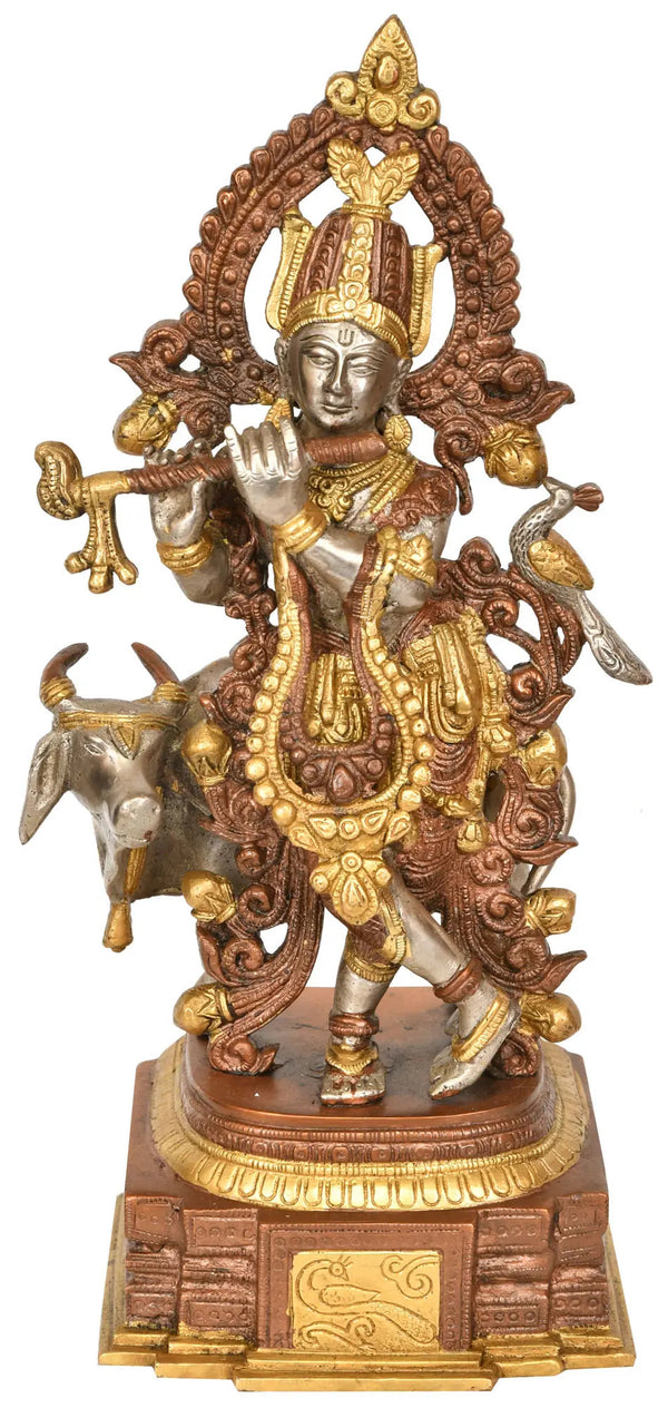 Handcrafted Brown silver gold Brass Sculpture depicting the Resplendence of Venugopala 14 Inches