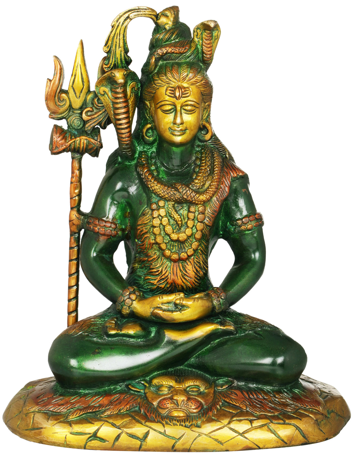 Green and gold seated Shiva brass statue with trident, ornate base and tiger-skin pattern