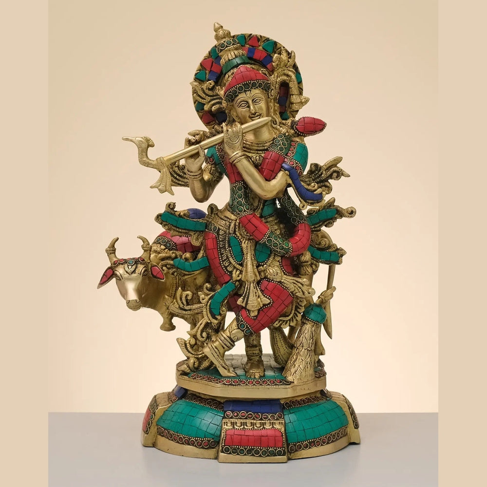 Handmade brass Krishna flute sculpture with cow, colorful details, 15-inch
